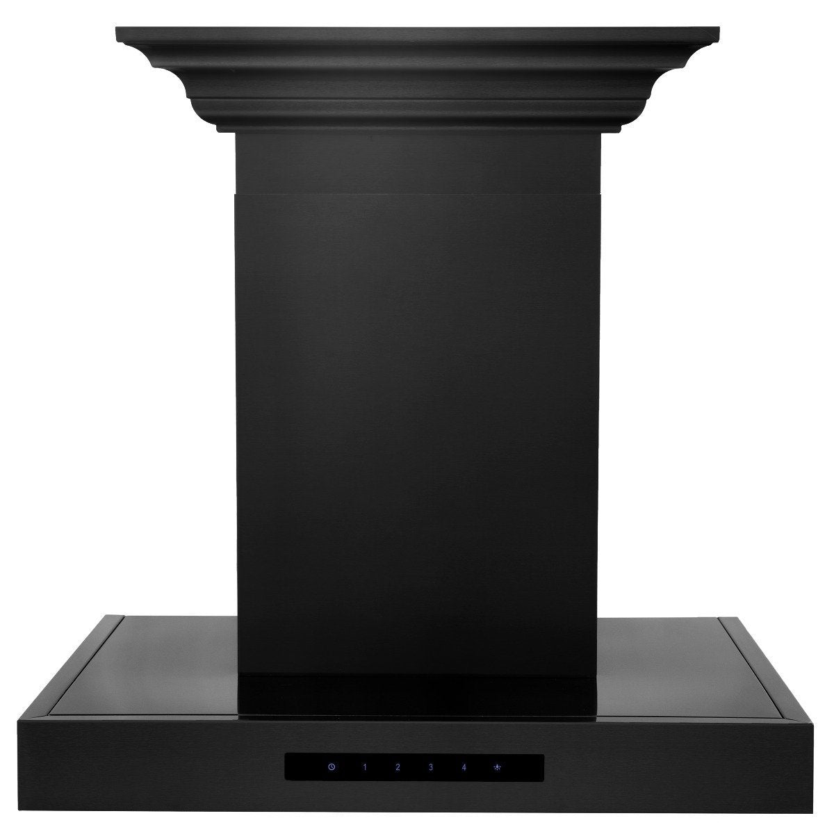 Black wall-mount range hood with crown-molding chimney and LED control strip