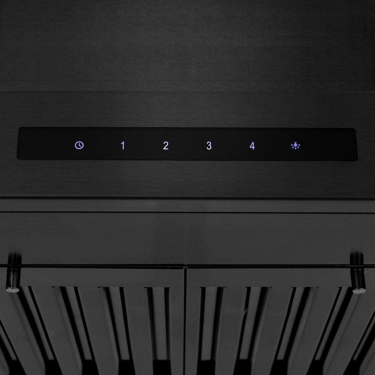 Black range hood control panel with settings 1–4 and light icon, close-up
