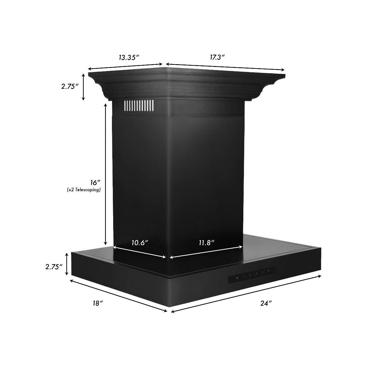 Range hood dimensions diagram with crown molding, 24 in width shown