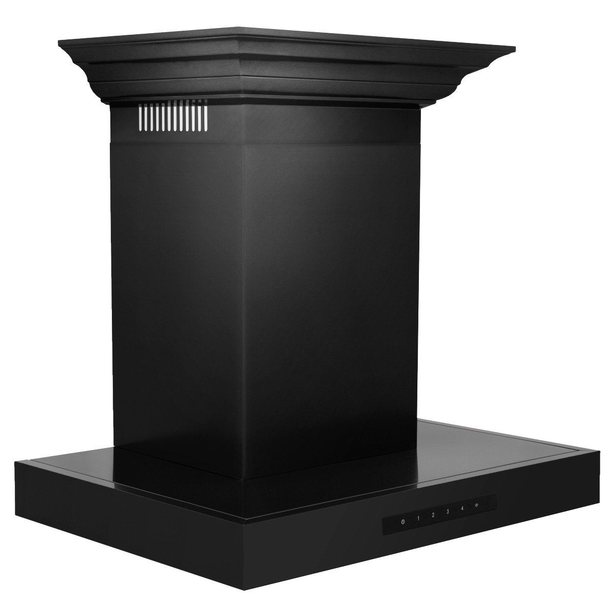 Black wall-mount range hood with crown-molding chimney and front control panel