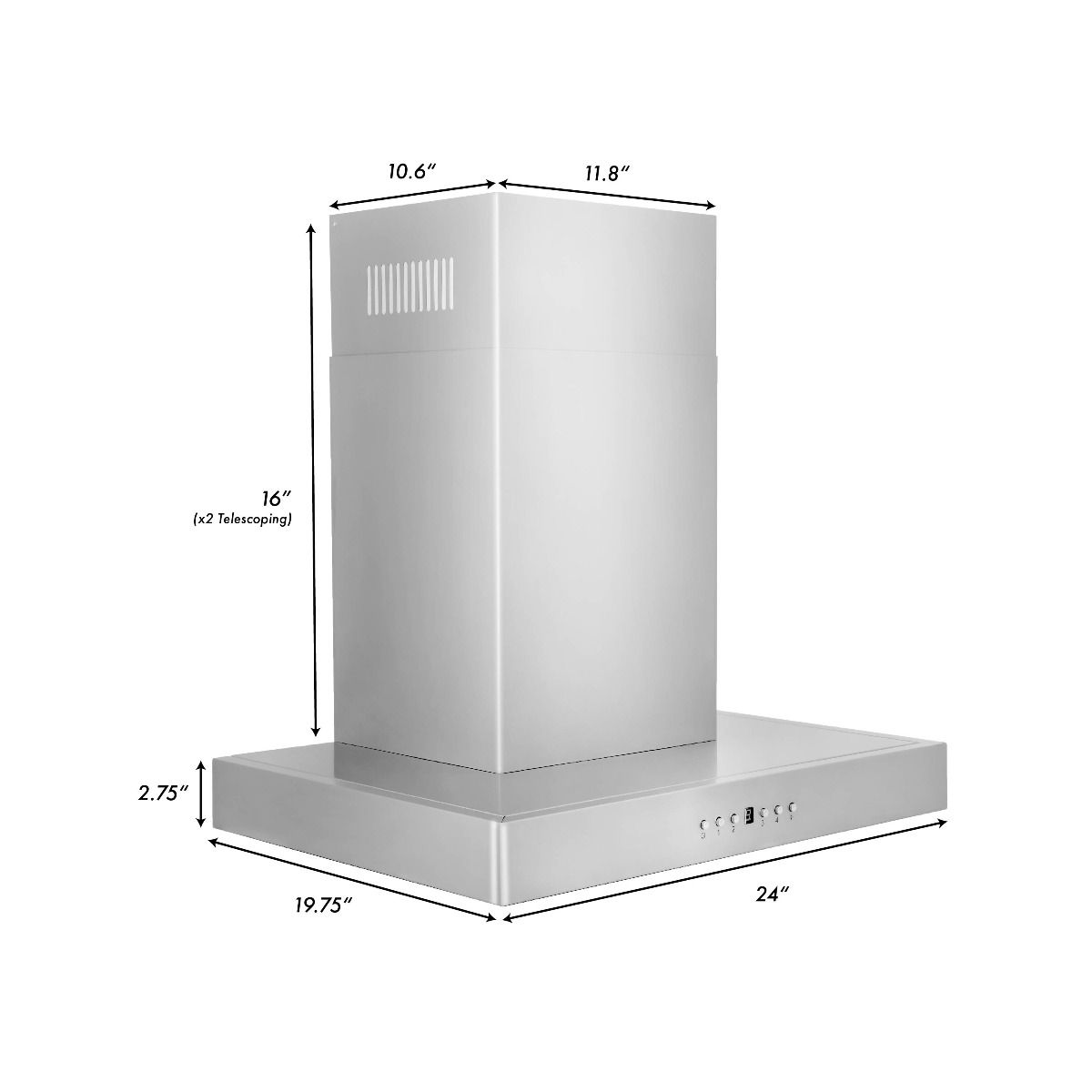 Stainless steel range hood size diagram with labeled dimensions and 24-inch width