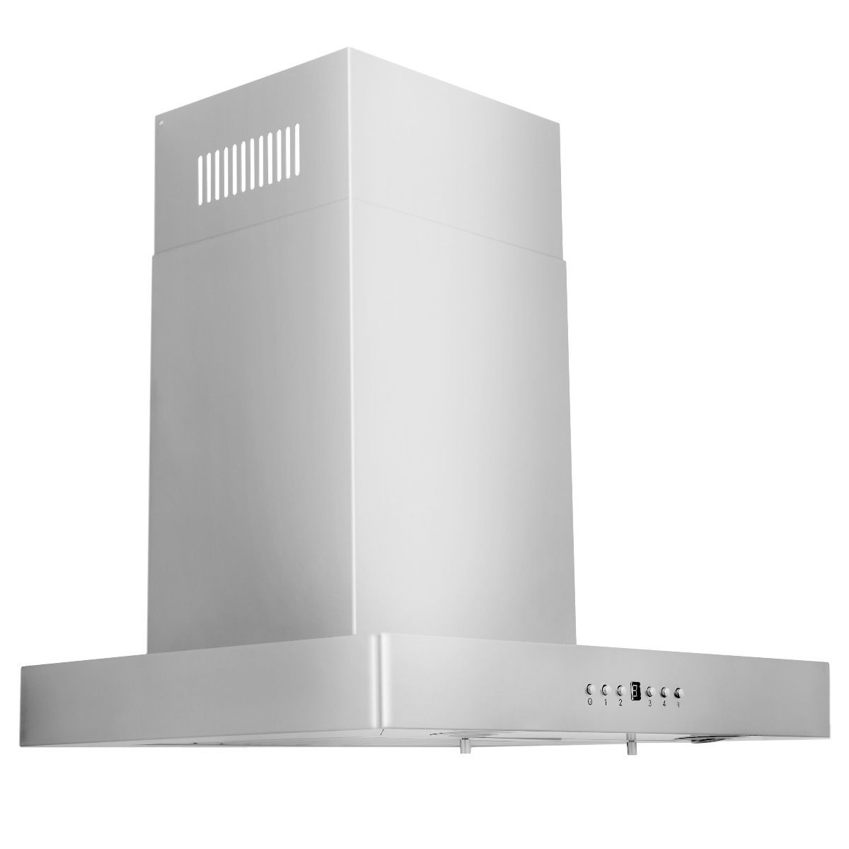 Stainless steel wall-mount range hood chimney with side vent slots and front controls
