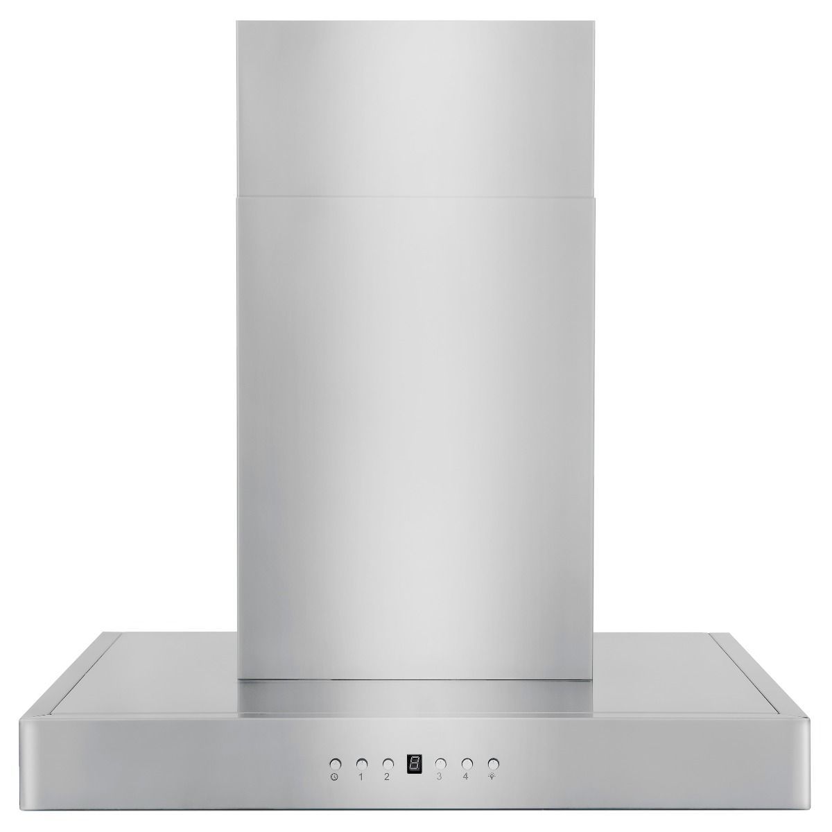 Stainless steel chimney range hood with front control buttons on the canopy