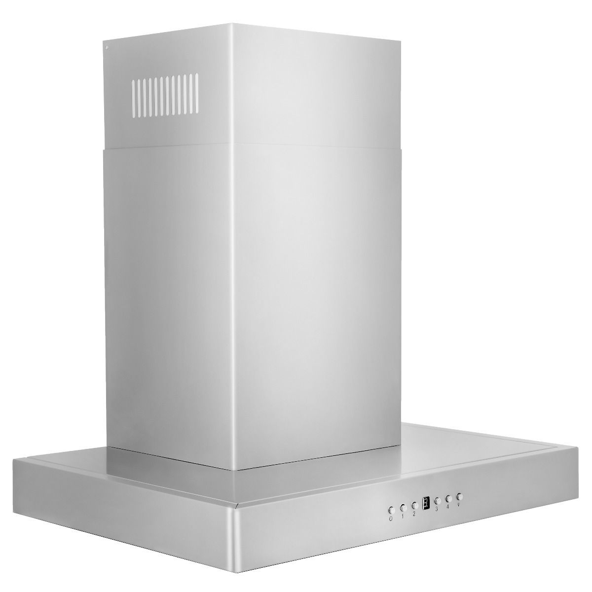 Stainless steel wall-mount range hood with chimney vent panel and front control buttons