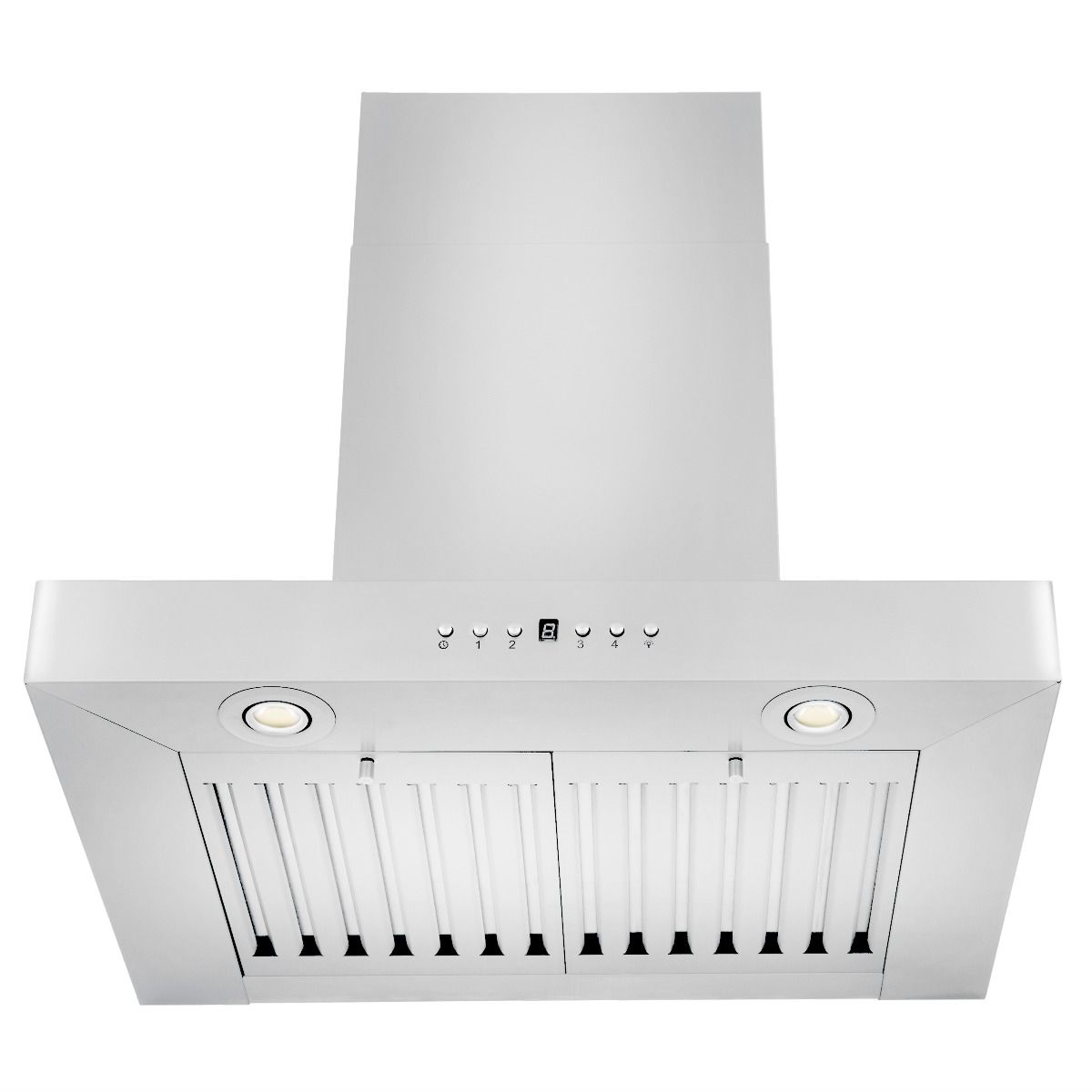 Stainless steel range hood with two recessed lights and front vent grille