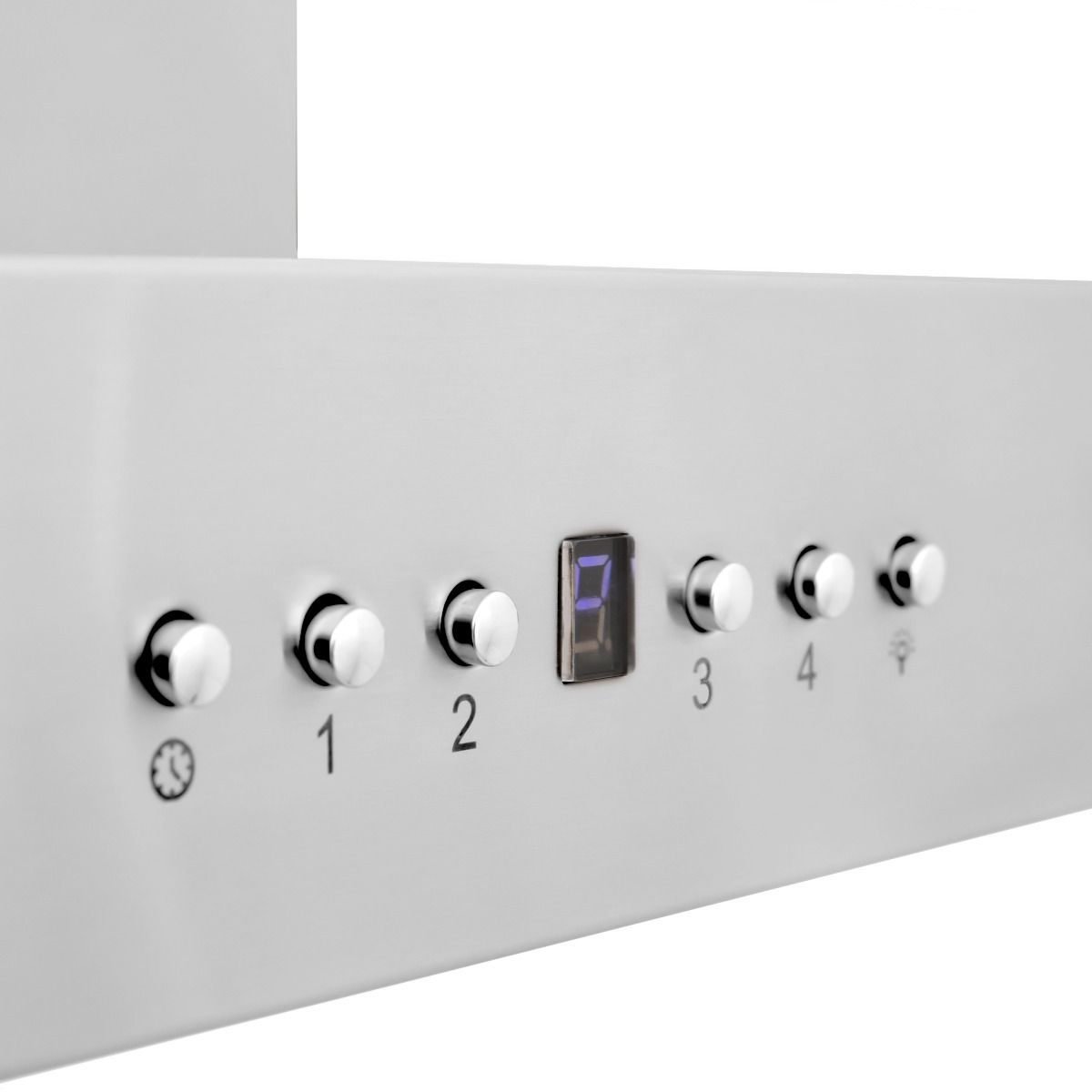 Range hood control panel with numbered fan knobs and small digital display