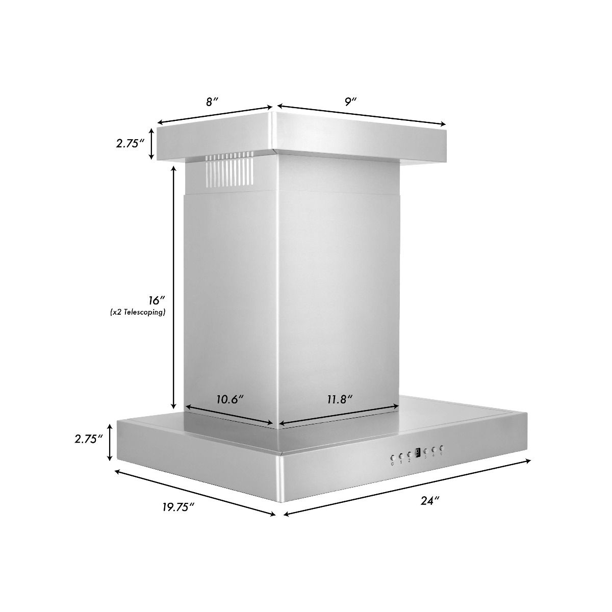 Stainless steel wall mount range hood size diagram showing 24-inch width