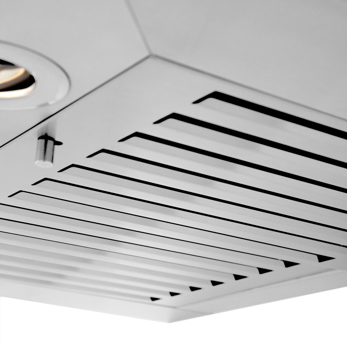 Stainless steel range hood vent grille with evenly spaced horizontal baffles
