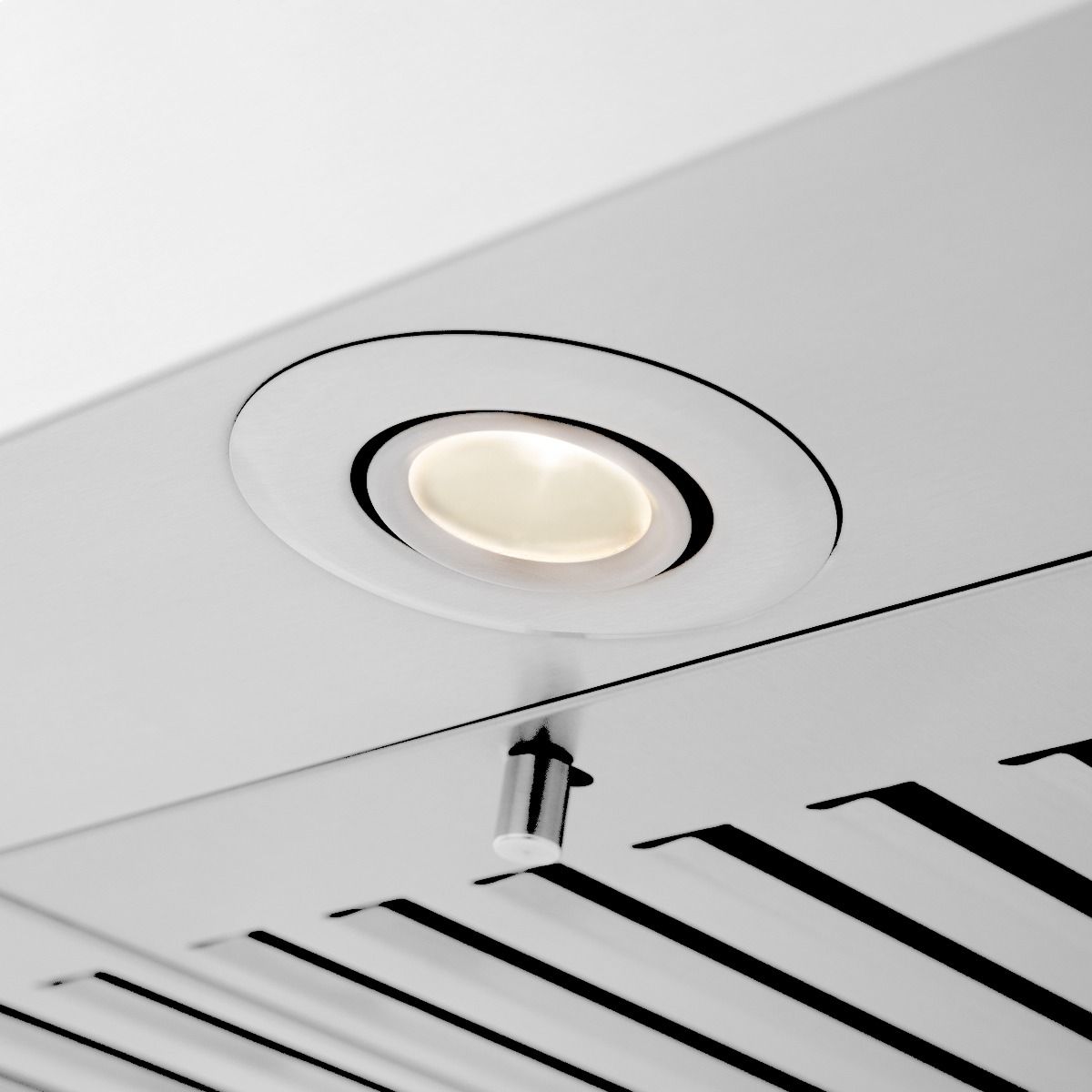 Stainless steel wall mount range hood with round inset light and vent slots
