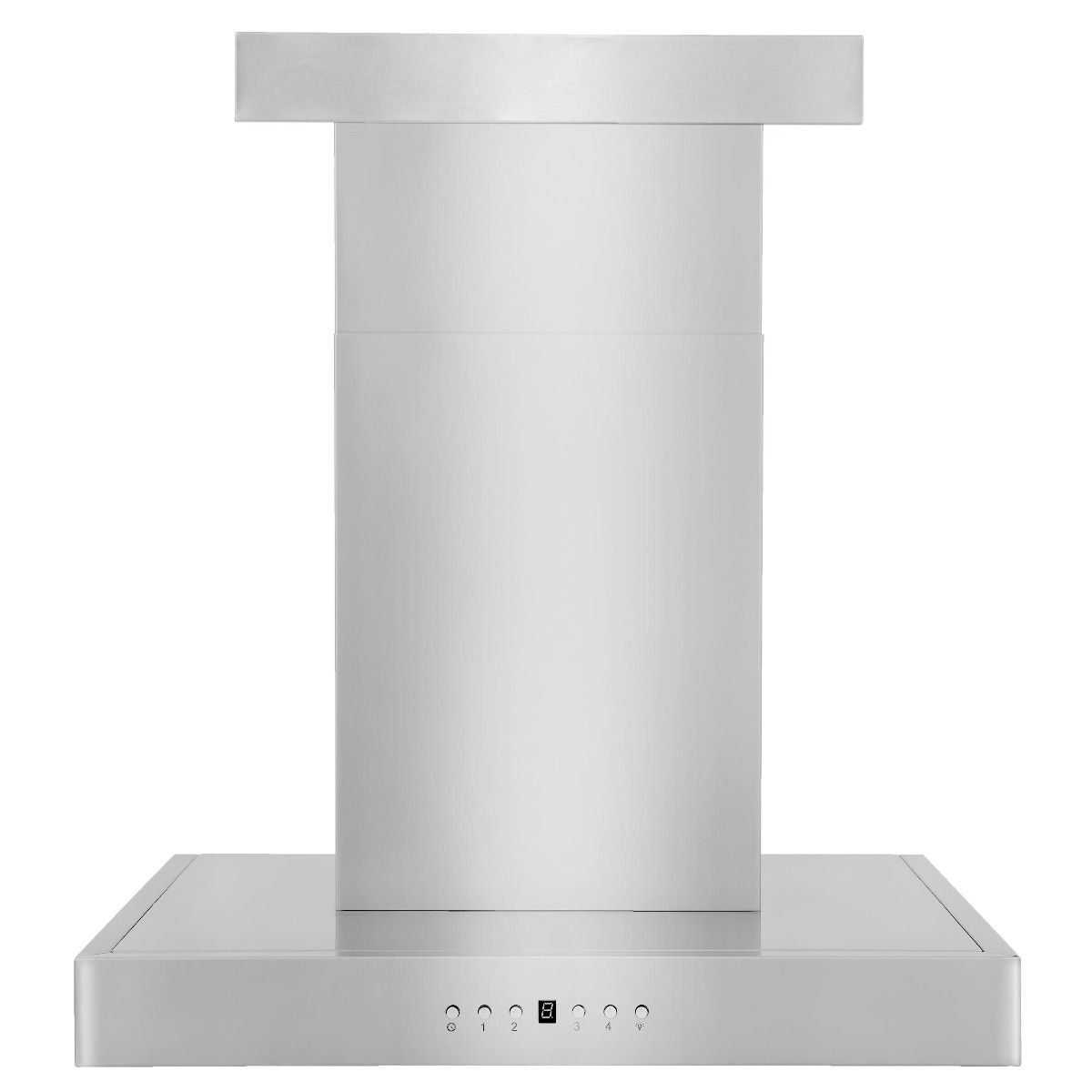 Stainless steel range hood underside with control buttons along front panel