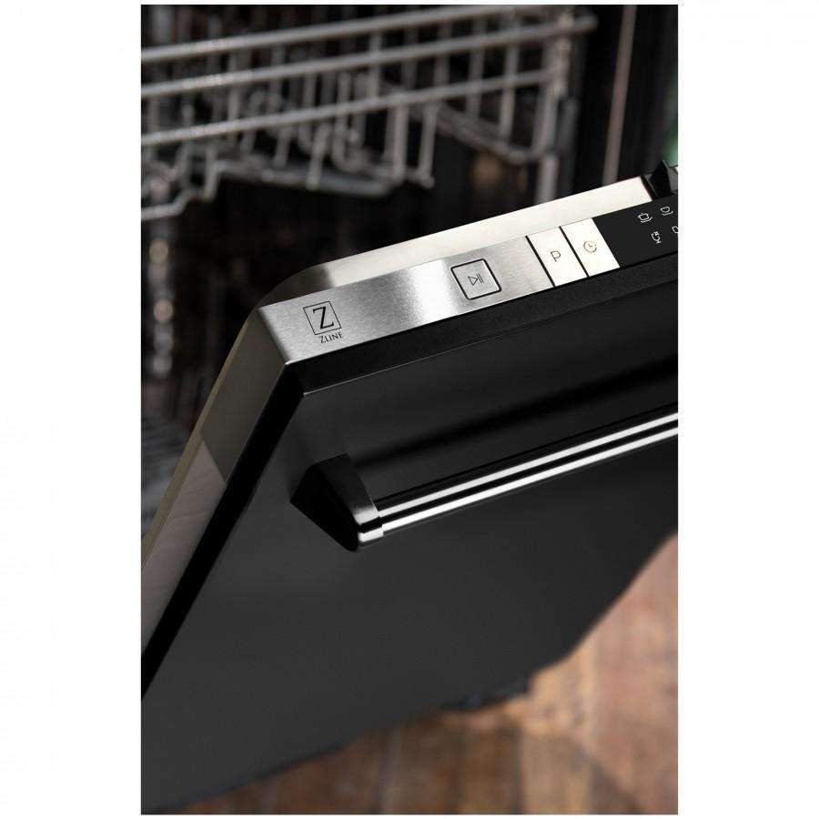 Black matte dishwasher door with stainless steel traditional handle and touch control buttons