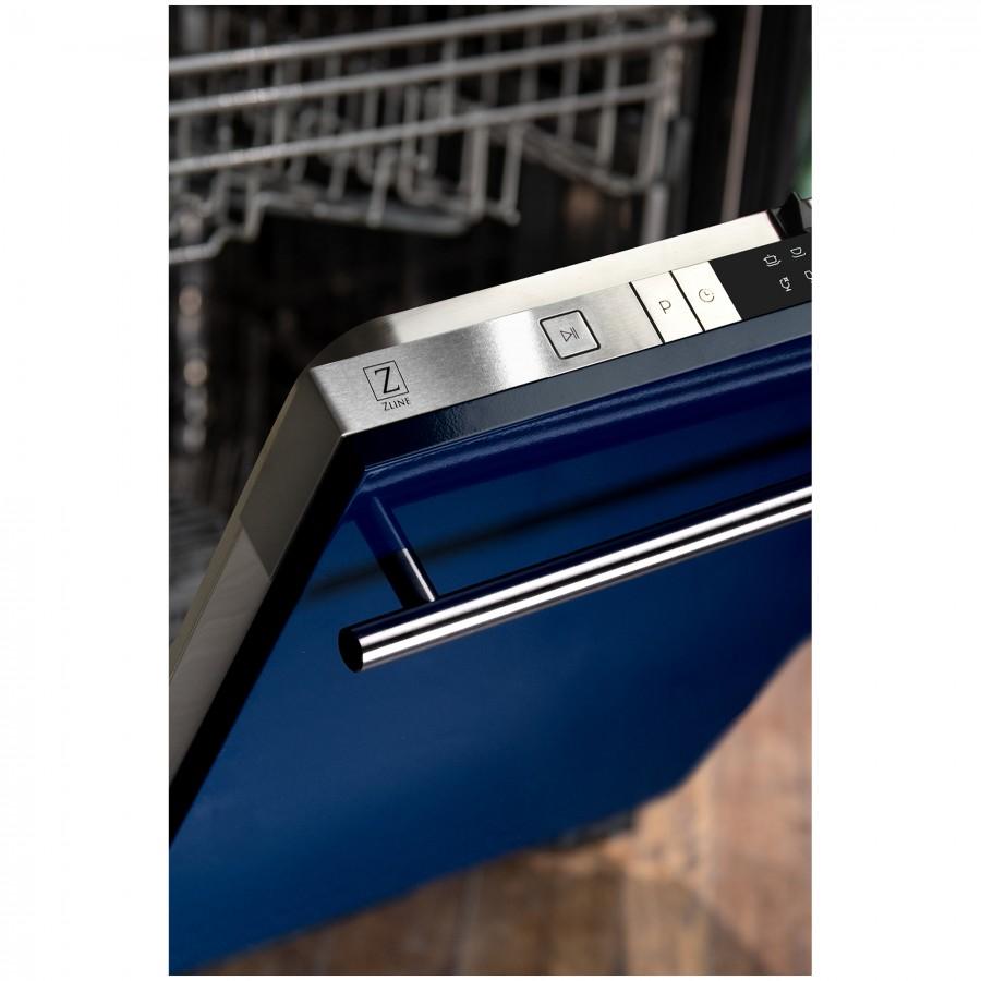 Blue gloss dishwasher front with stainless handle and black control panel