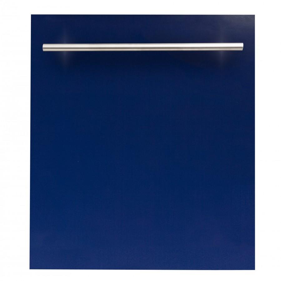 Blue gloss dishwasher door with modern stainless steel handle bar