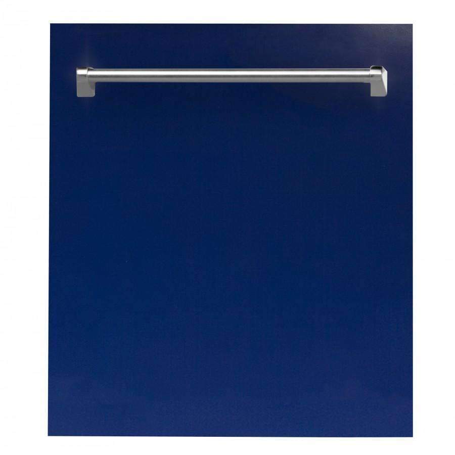 Blue-gloss dishwasher door with stainless traditional bar handle