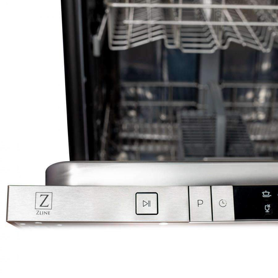 Dishwasher control panel with stainless trim and copper front edge, modern handle bar