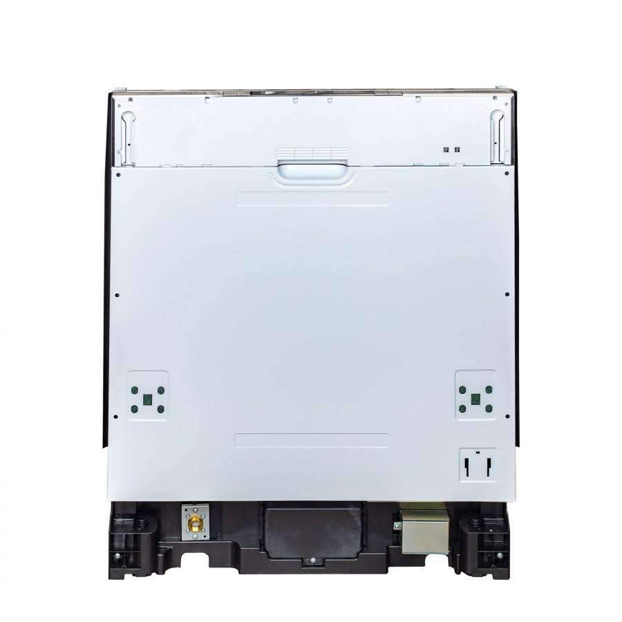 Dishwasher rear service view with access panels and wiring connections