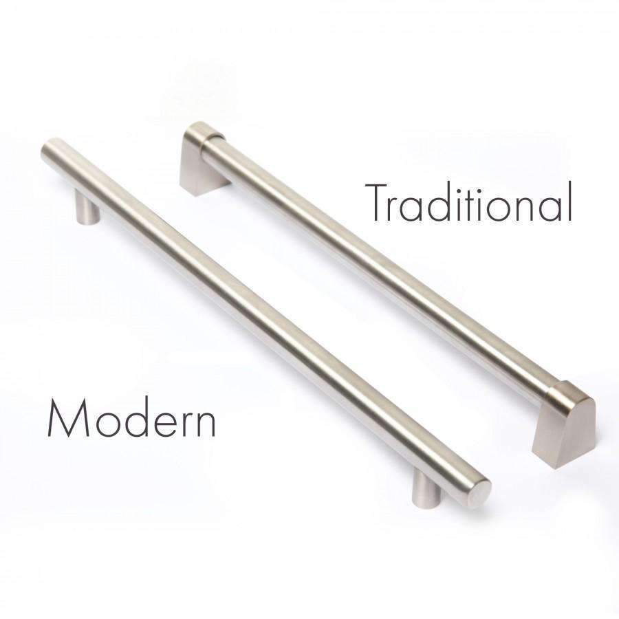 Modern and traditional stainless steel dishwasher handle bars with end mounts.