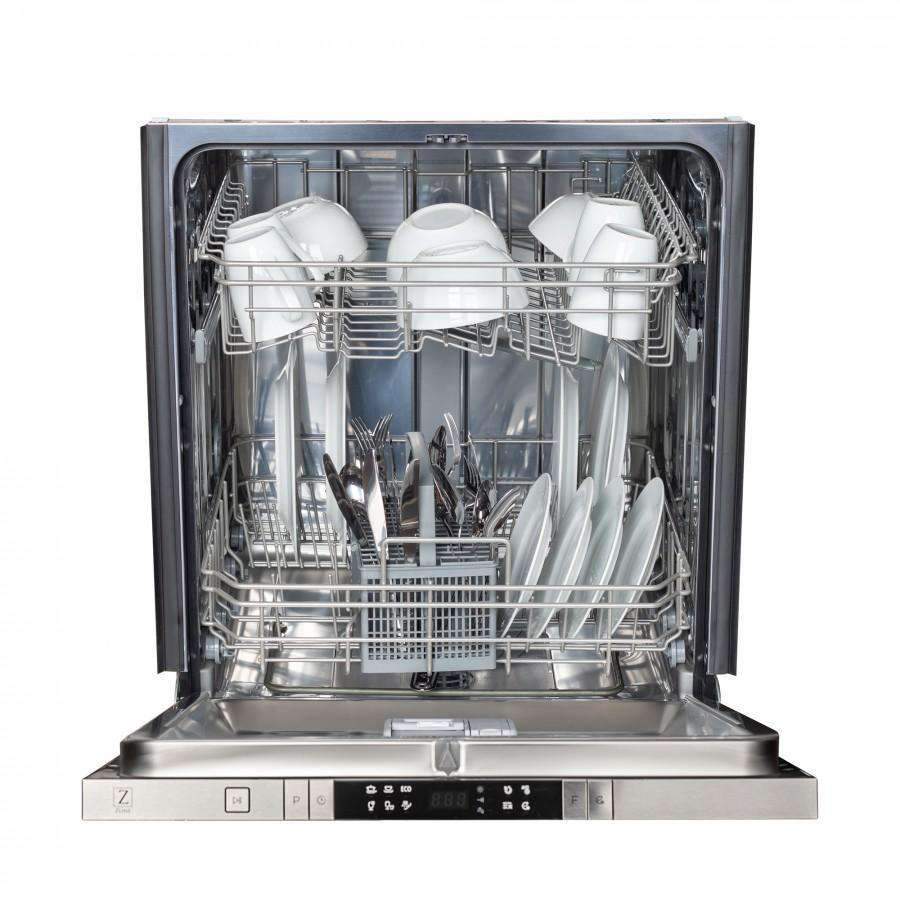 Dishwasher interior with upper rack and lower rack holding white dishware.