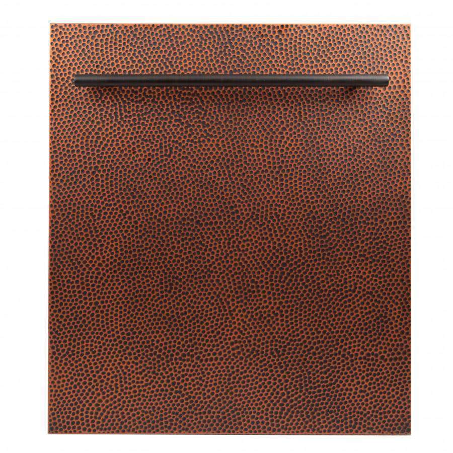 Hand-hammered copper dishwasher door with dense textured pattern.