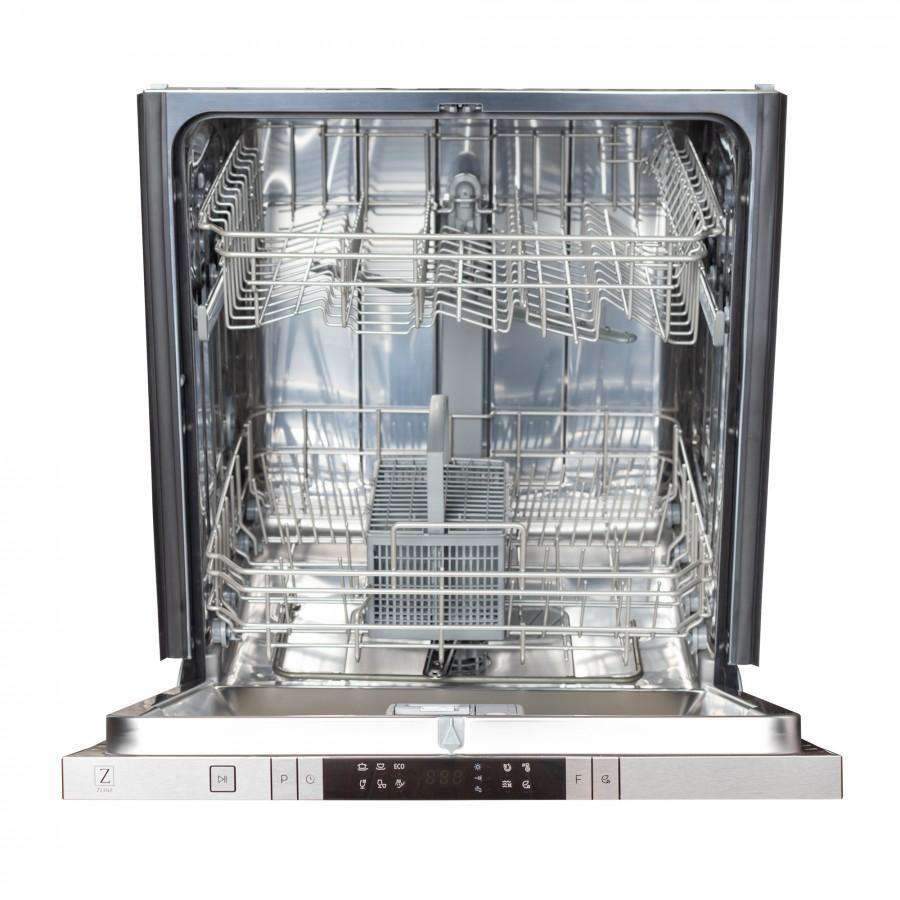 Dishwasher interior with top and bottom racks in stainless steel tub.