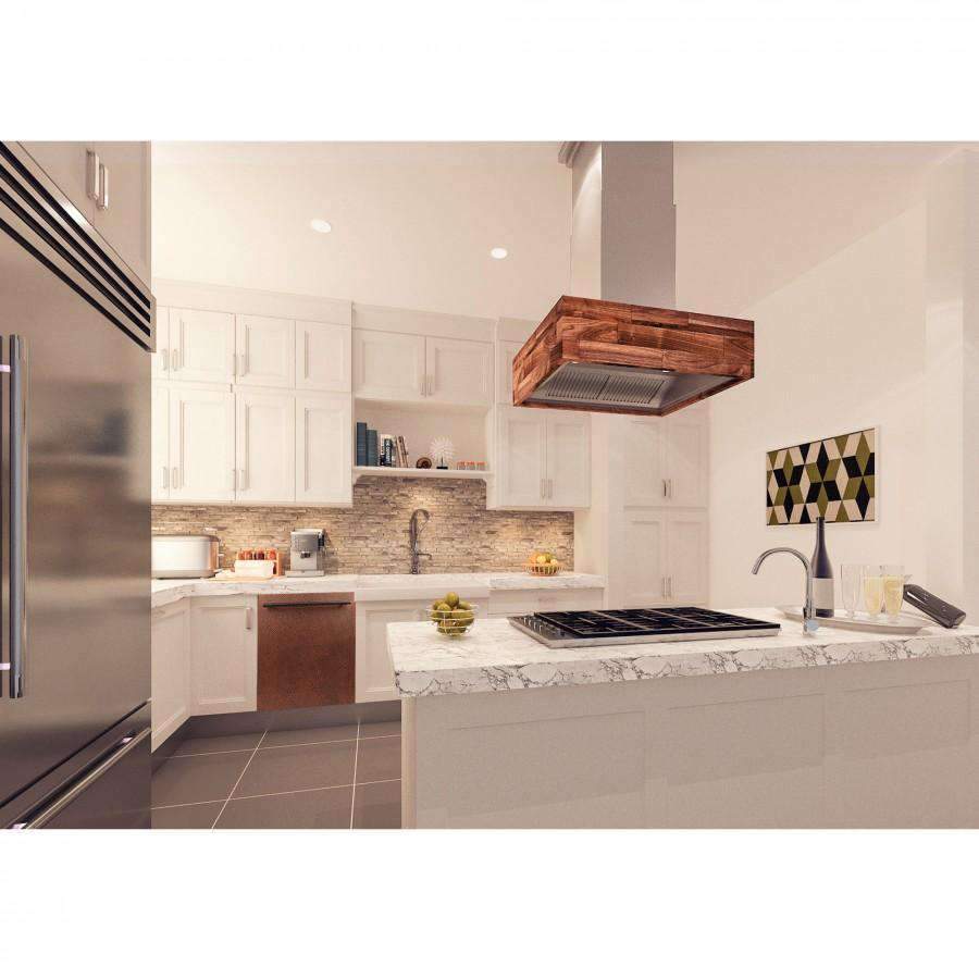 Built-in dishwasher with hand-hammered copper door and long stainless handle.