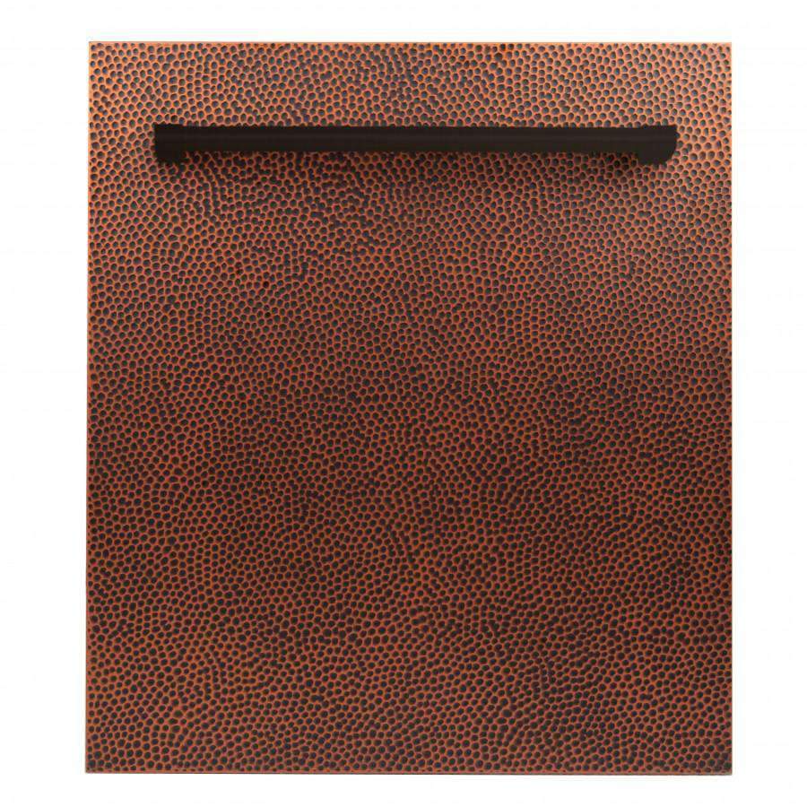 Hand-hammered copper dishwasher front panel with textured dotted surface.