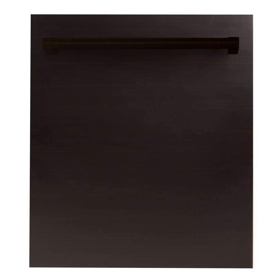 Dishwasher front door panel with oil-rubbed bronze finish and traditional handle bar