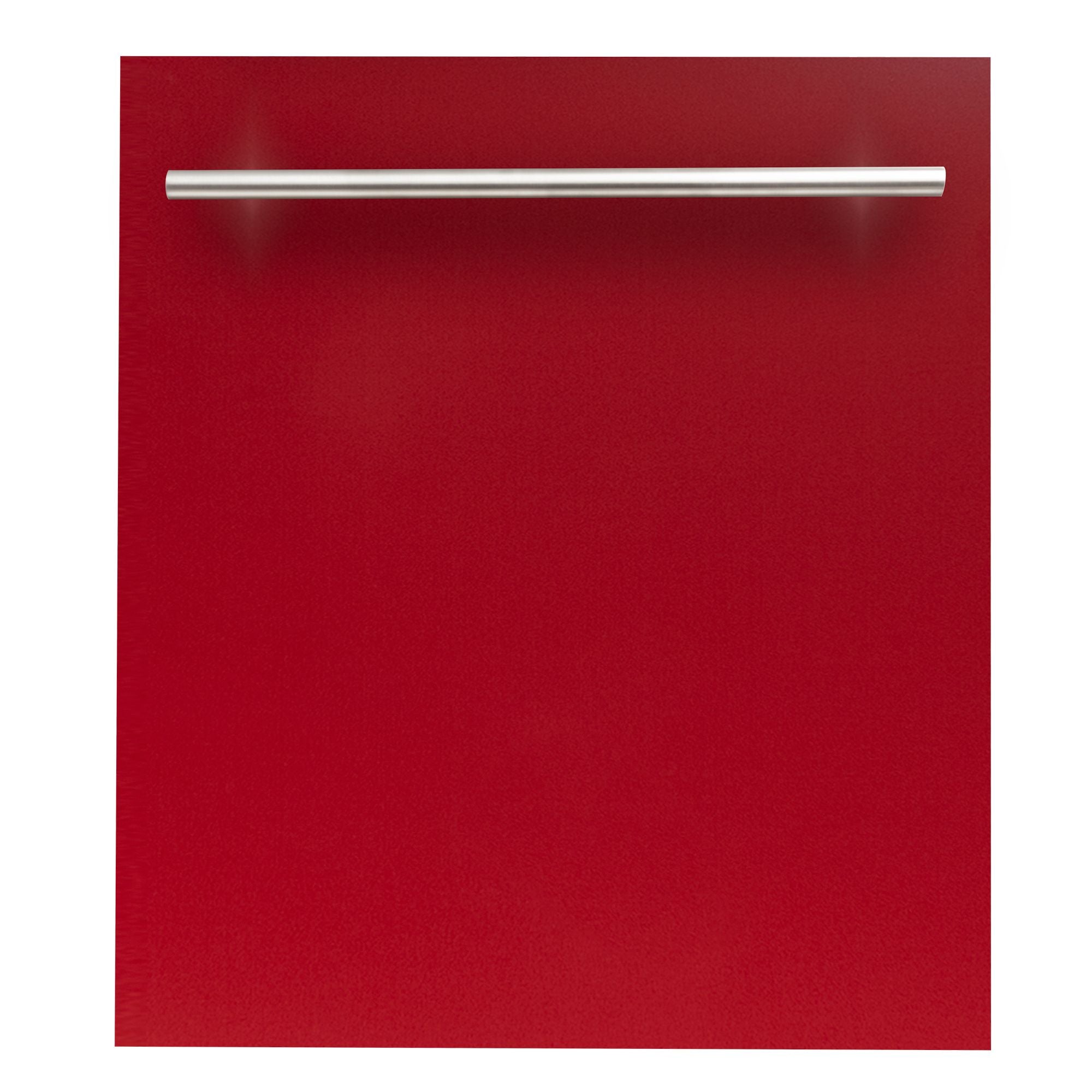 Red glossy dishwasher door panel with horizontal stainless handle bar