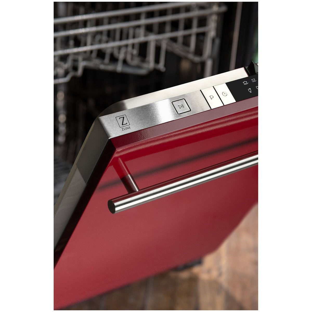 Red dishwasher door front with stainless handle and touch control buttons