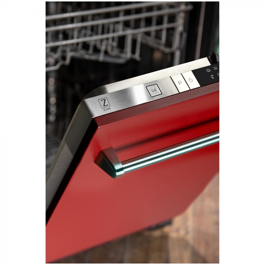 Red matte dishwasher control panel corner with stainless trim and traditional handle