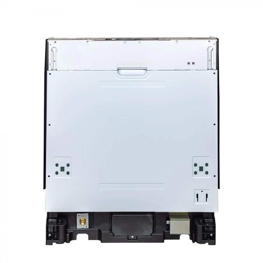Dishwasher rear base view with service panels and electrical access ports
