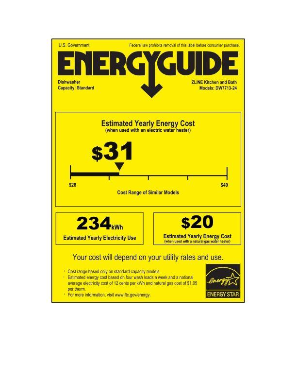 Dishwasher EnergyGuide label with estimated yearly energy cost