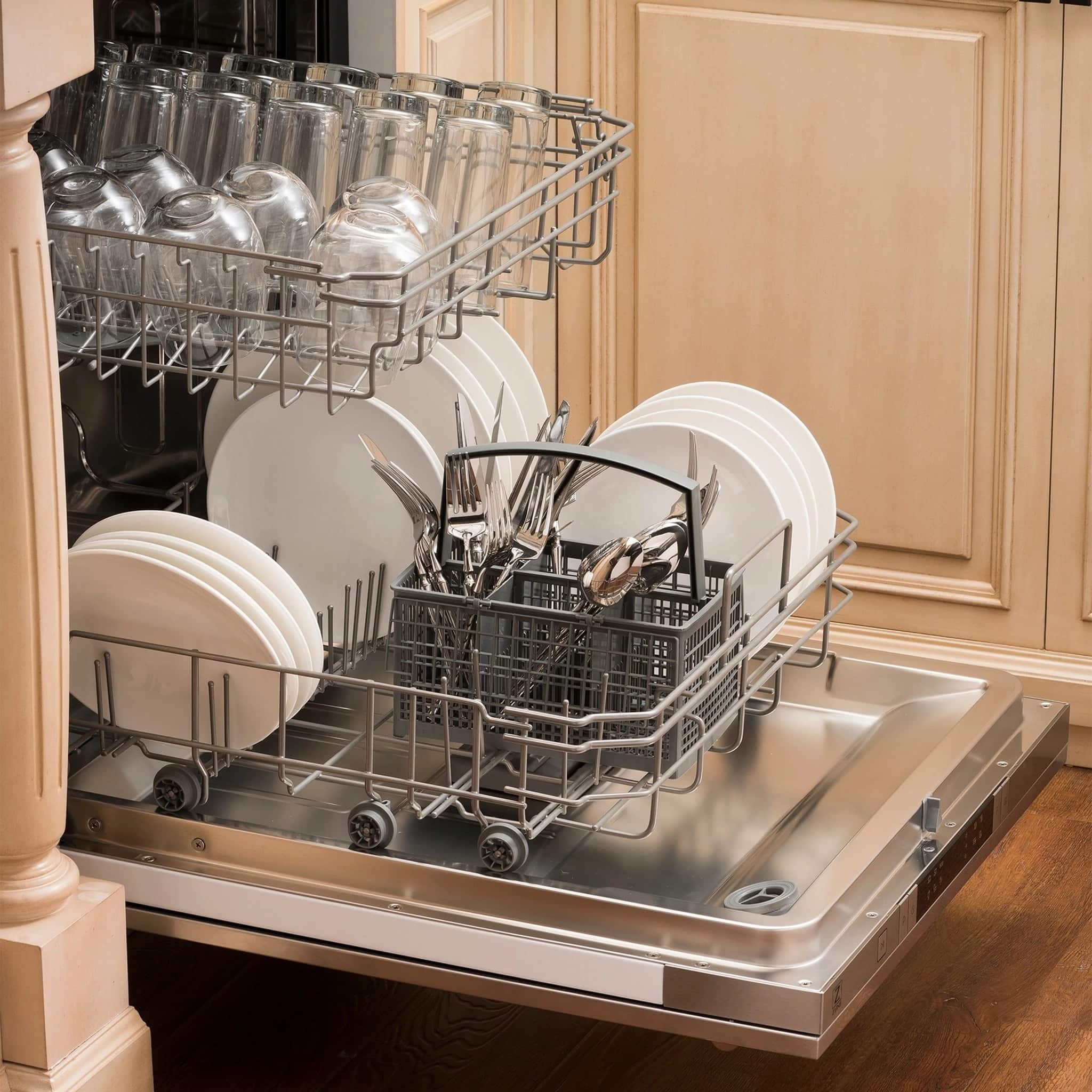 Stainless steel dishwasher interior with upper and lower racks