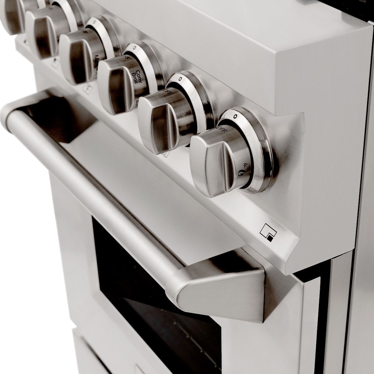 Stainless steel dual fuel range front with brass-style burner caps and control knobs