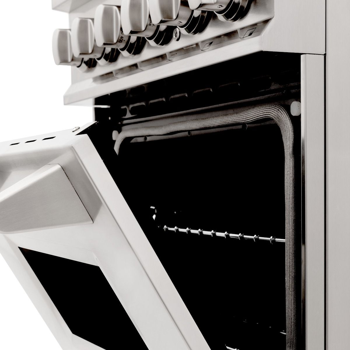 Dual fuel range oven door open with interior rack and heater elements