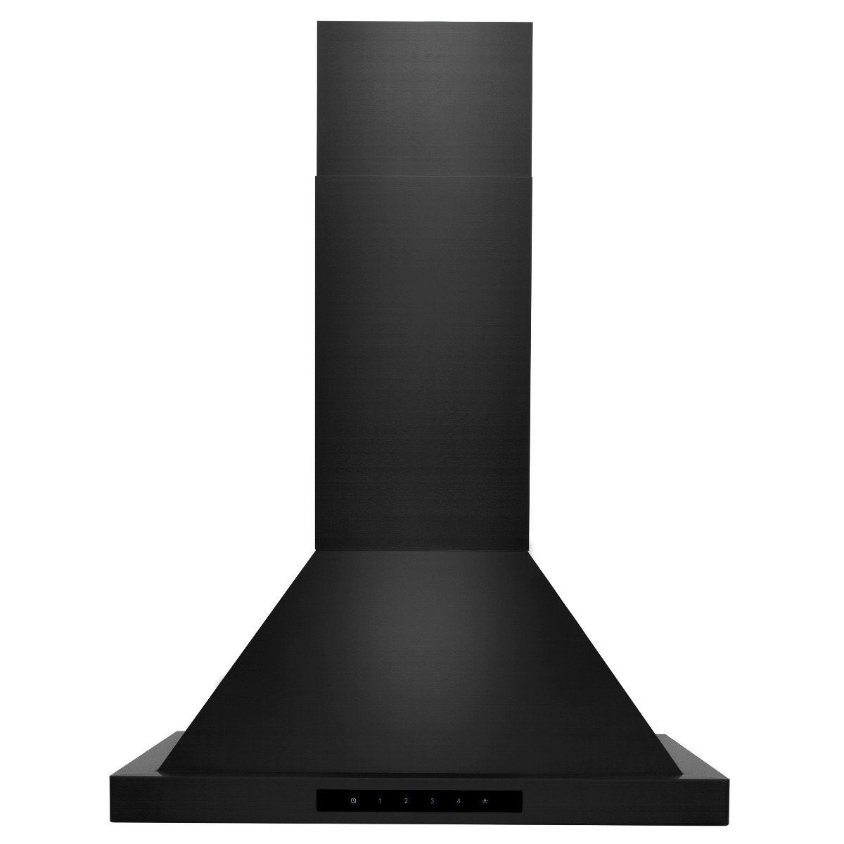 Black wall mount range hood with tall chimney and wide vent canopy, front view.