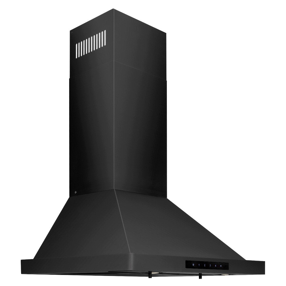 Black range hood with chimney and wide vent canopy, front-angled view on white background.