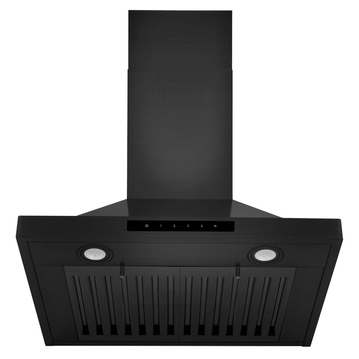 Black under-hood view with two round filters and vertical vent slats.