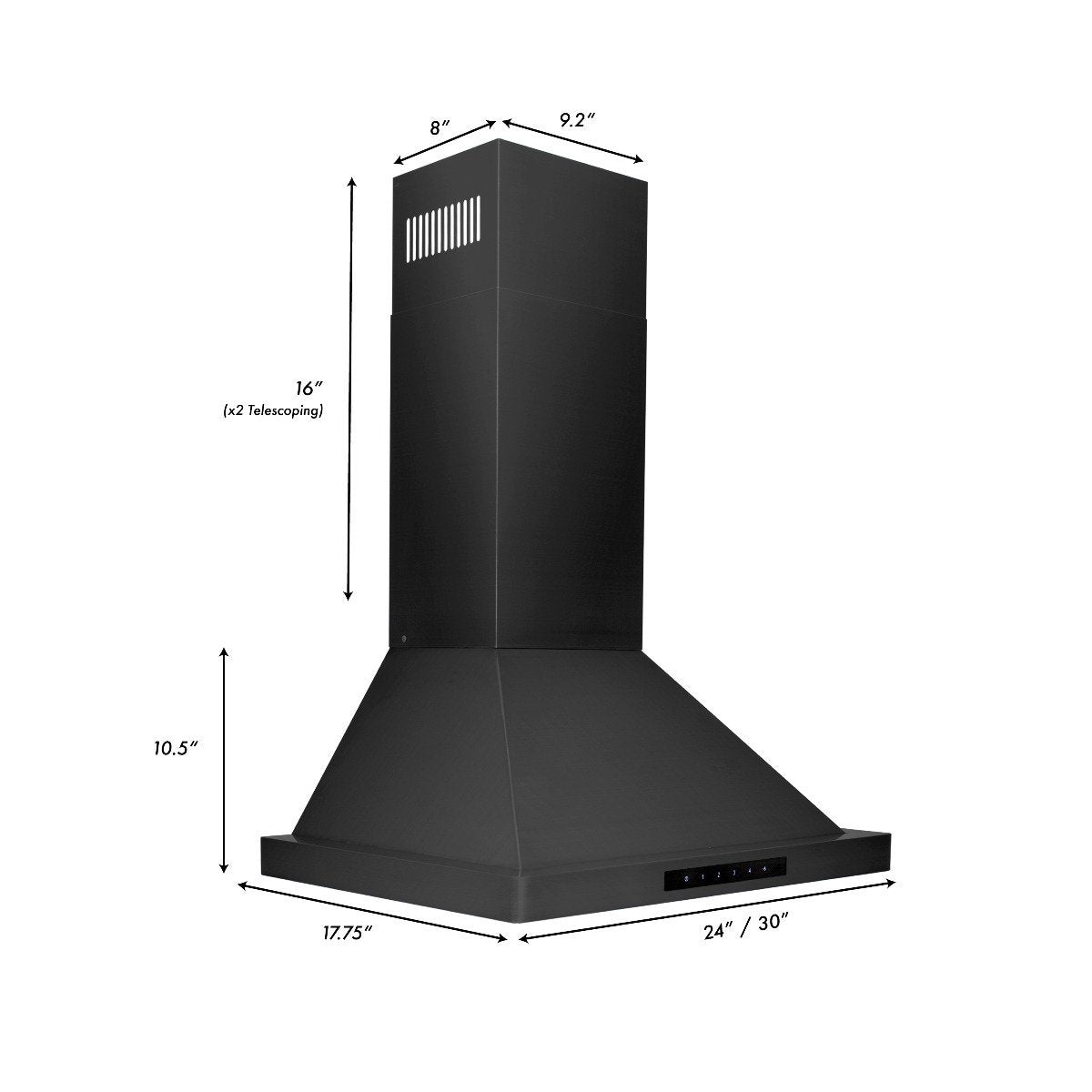 Black range hood with labeled dimensions, showing chimney and vent canopy measurements.