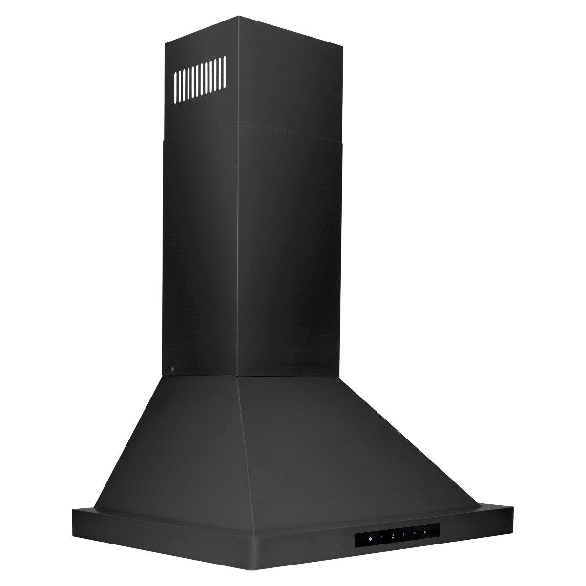 Black range hood with chimney and wide vent canopy, front view with vent grille.