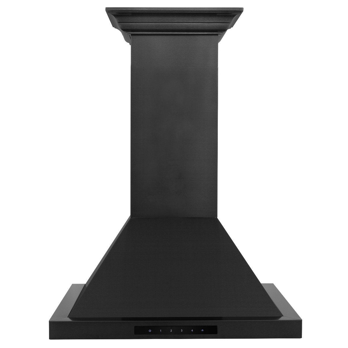 Black chimney-style range hood with front control panel