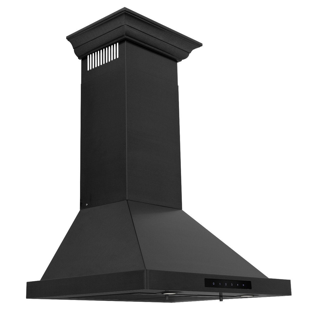 Black chimney-style range hood with wide canopy and top vent slats