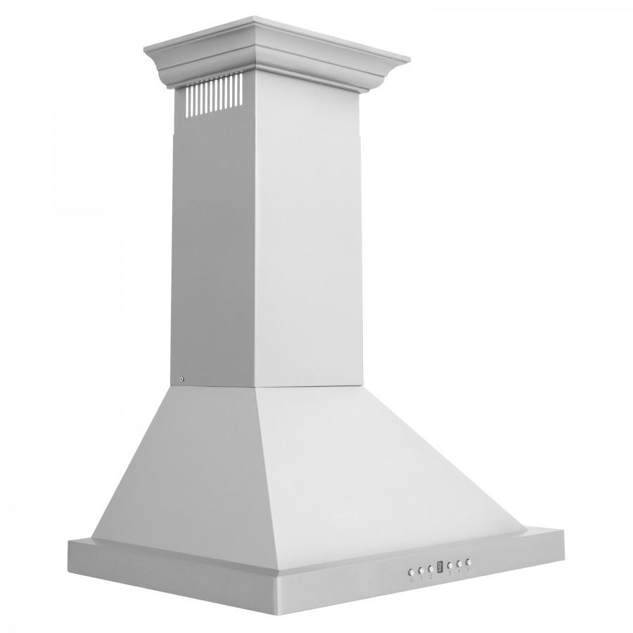Light gray wall-mount range hood chimney with flared crown molding