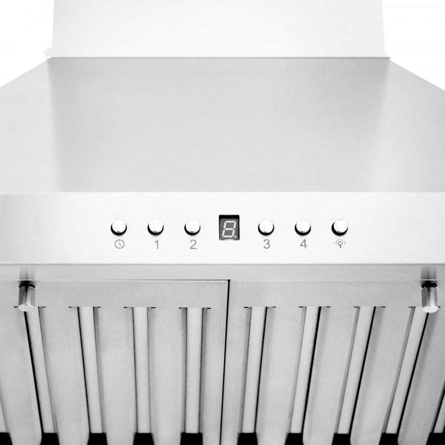 Range hood control panel with round buttons and vent grille underneath