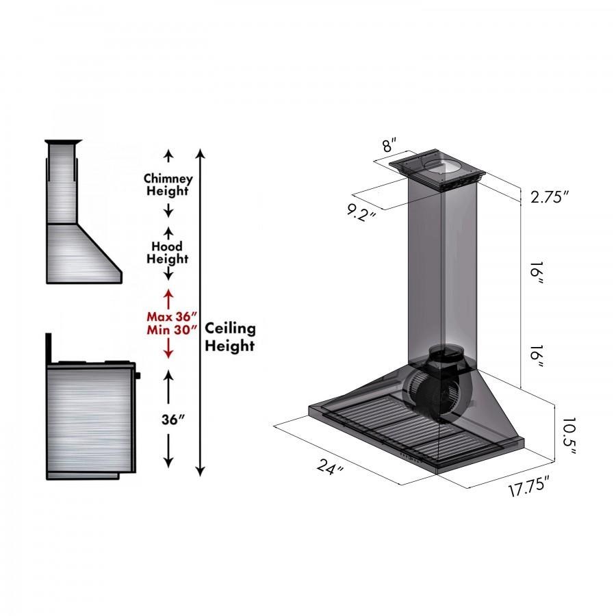 Range hood dimension diagram showing chimney, ceiling height, and hood size
