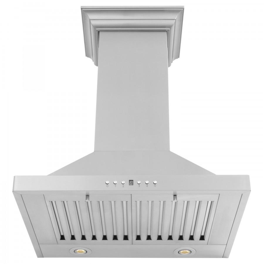 Light gray wall-mount range hood with front vent grille and control buttons