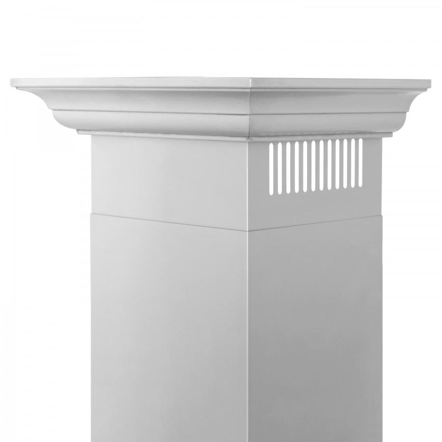 Light gray wall-mount range hood side view with decorative vent grille