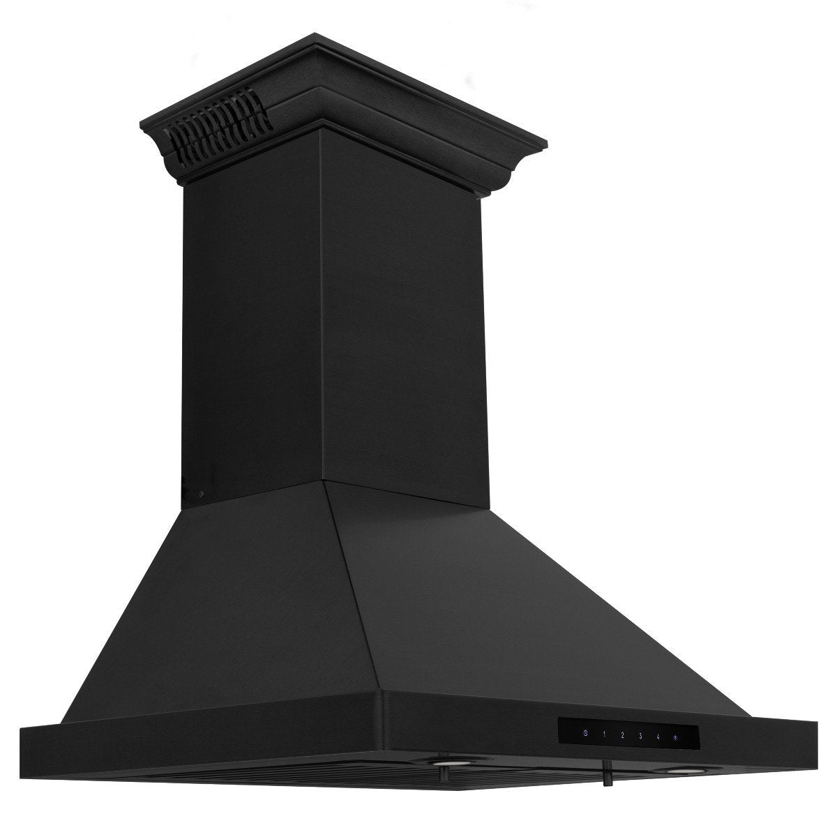 Black wall-mount range hood with angled chimney and low-profile canopy