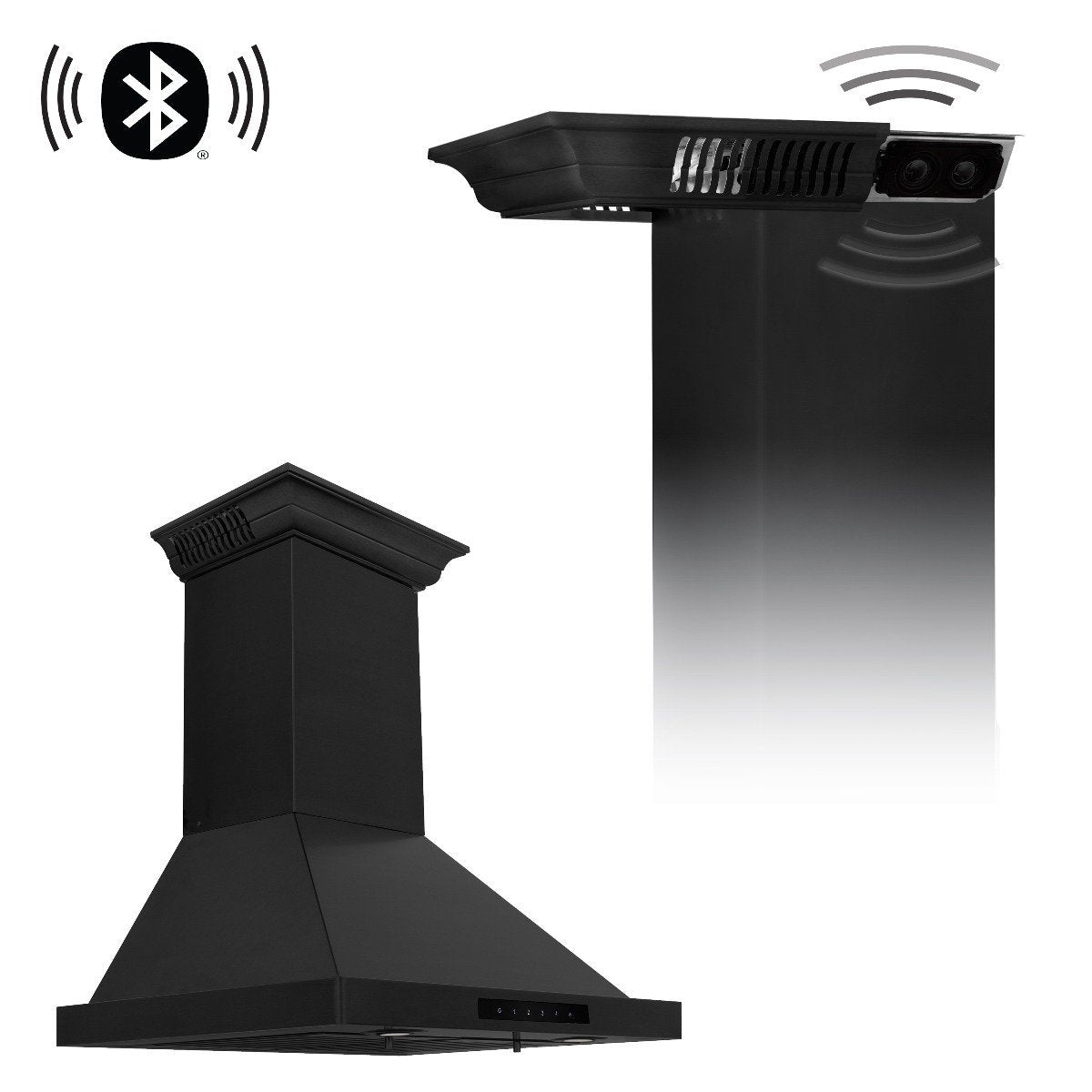 Black wall-mount range hood with Bluetooth speaker icons and top controls