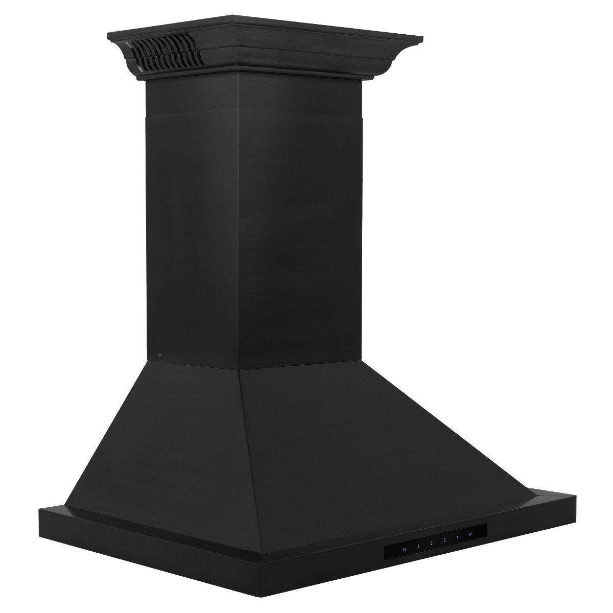 Black wall-mount range hood with flared chimney design and vented side panels